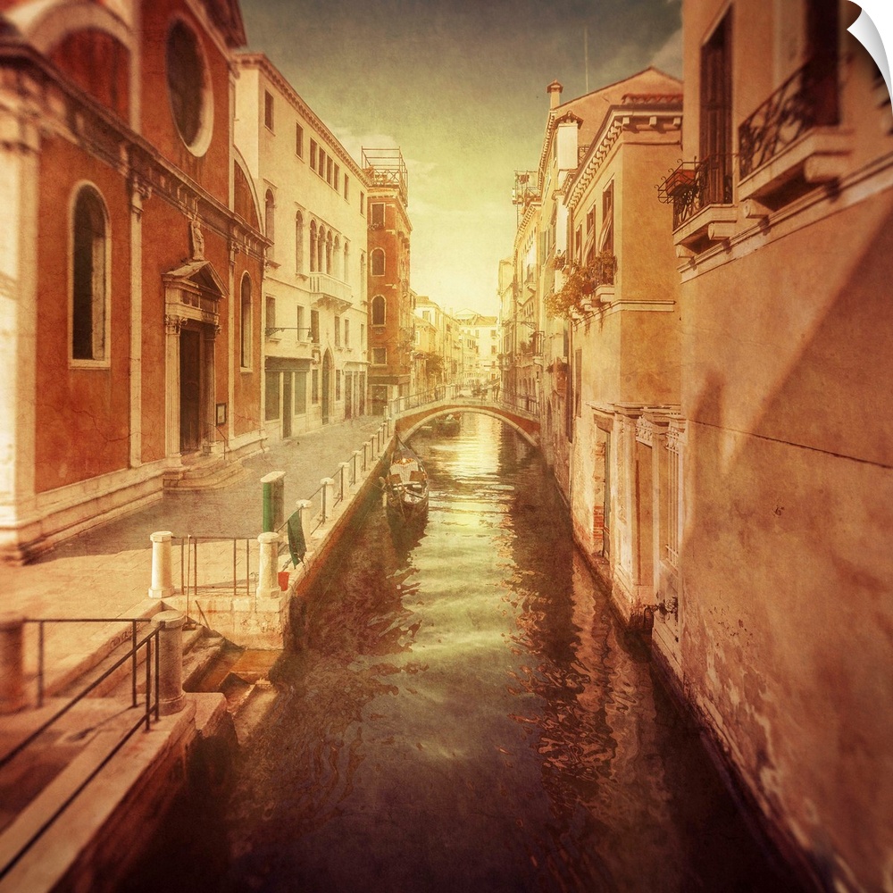 Vintage shot of Venetian canal, Venice, Italy.