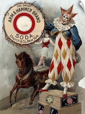 Vintage Advertisement For Arm & Hammer Soda Of A Clown And An Acrobat On A Horse, 1900