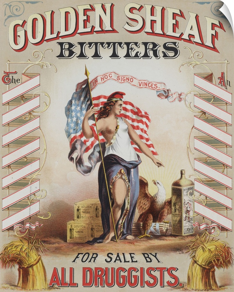 Vintage Advertisement Of Goddess Columbia With An American Flag For Golden Sheaf Bitters