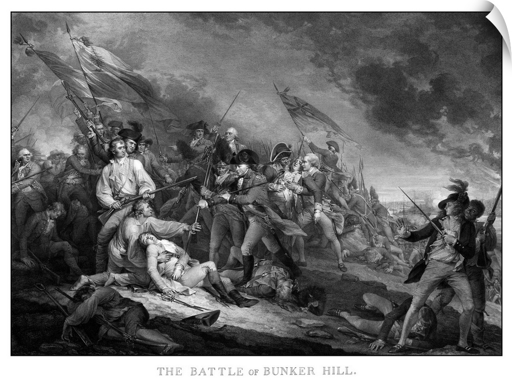 Vintage American Revolutionary War print of the Battle of Bunker Hill. The battle took place June 17, 1776 during the Sieg...
