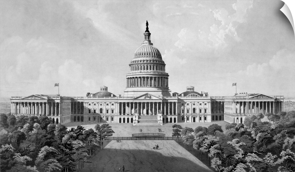 Vintage architecture print of The United States Capitol Building.