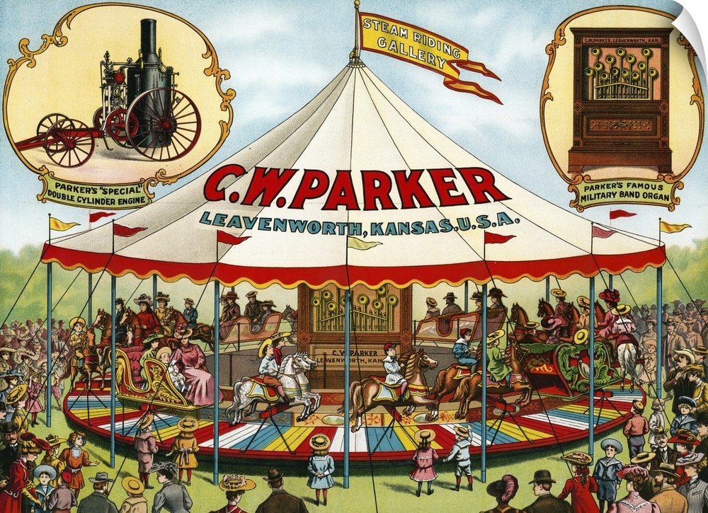 Vintage circus poster of CW Parker Steam riding gallery Special double cylinder engine Military band organ