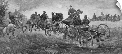 Vintage Civil War print of a team of horses pulling a cannon into battle