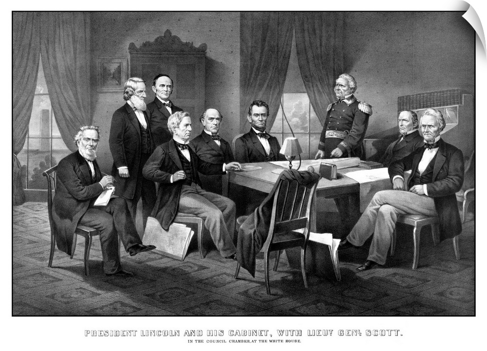 Vintage Civil War print of President Abraham Lincoln, his cabinet, and General Winfield Scott. It reads, President Lincoln...