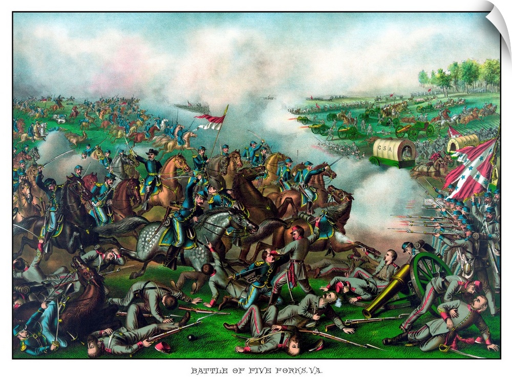 Vintage Civil War Print of the Battle of Five Forks. General Philip Sheridan is prominently featured, riding on horseback ...