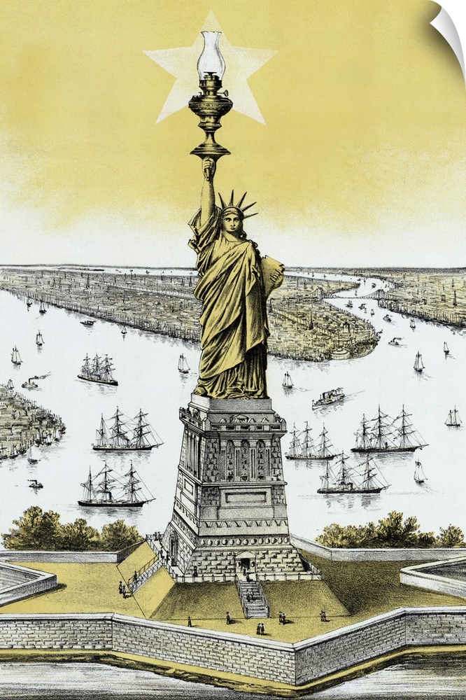 Vintage color architecture print featuring The Statue of Liberty.