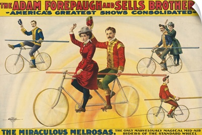 Vintage Forepaugh & Sells Brothers Circus Poster Of Bicycle Riders On Tightrope, 1900