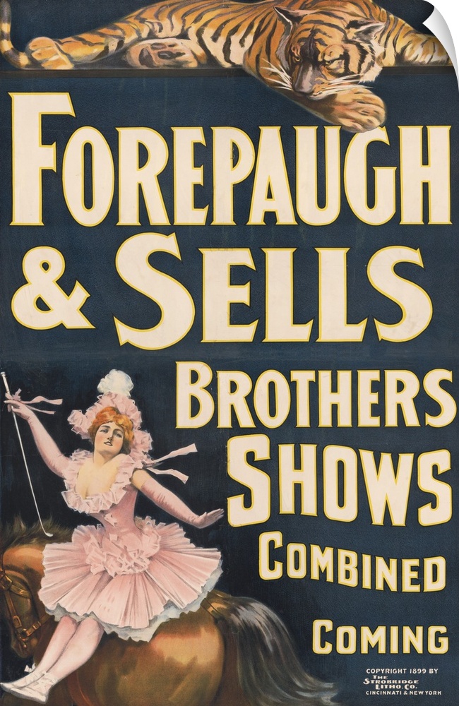 Vintage Forepaugh & Sells Brothers Circus Poster Of Tiger And Woman On Horseback, 1899