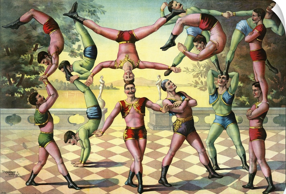Vintage Graphic Print Of Thirteen Men Doing Acrobatics 1891