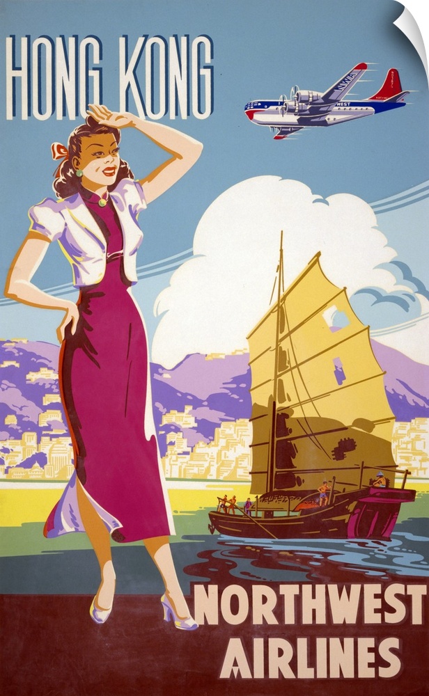 Vintage Northwest Airlines Advertising Poster For Flights To Hong Kong, 1950