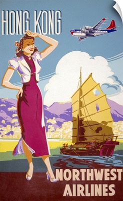 Vintage Northwest Airlines Advertising Poster For Flights To Hong Kong, 1950