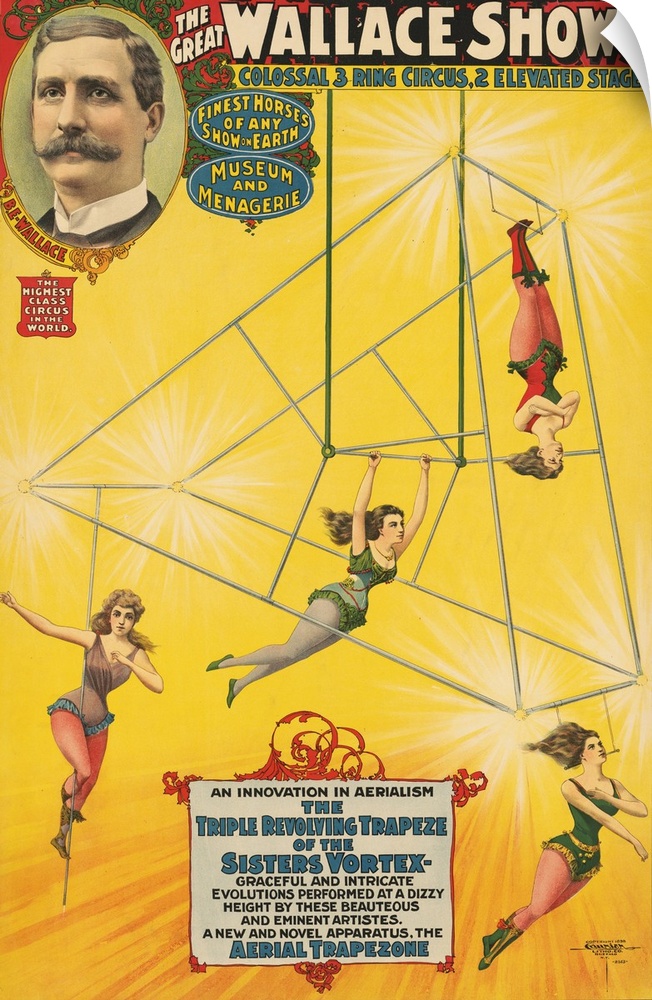 Vintage poster for The Great Wallace Shows circus of the sisters Vortex's triple revolving trapeze act, 1898