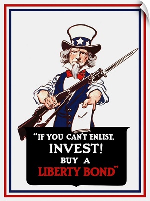 Vintage poster of Uncle Sam holding a rifle and holding out a liberty bond