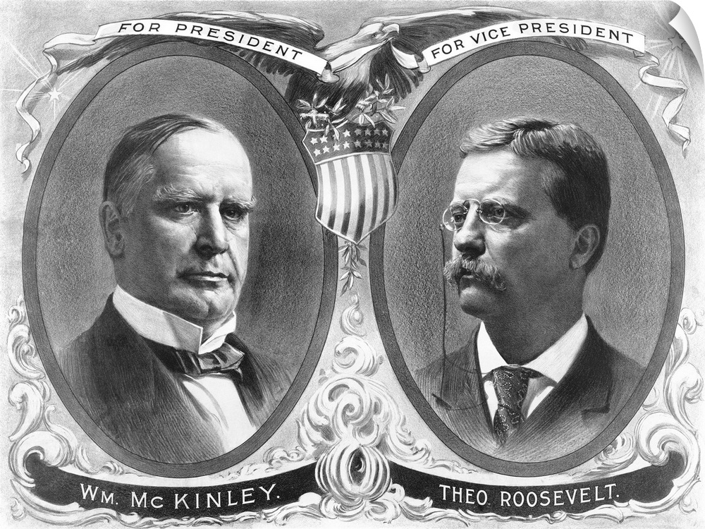 Vintage presidential election poster of President William McKinley and his running mate, Theodore Roosevelt.