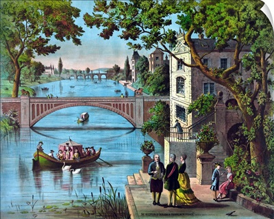 Vintage print of Ben Franklin being greeted along the bank of a river in France