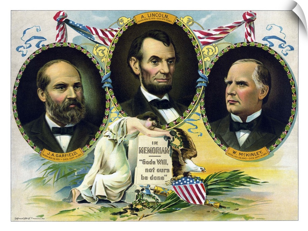 Vintage print of Presidents James Garfield, Abraham Lincoln, and William McKinley.