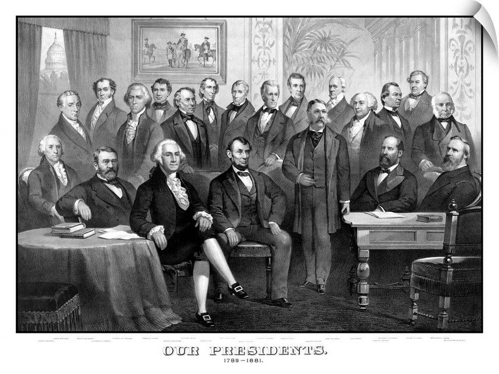 Vintage American history print of the first twenty-one Presidents of The United States seated together in The White House....