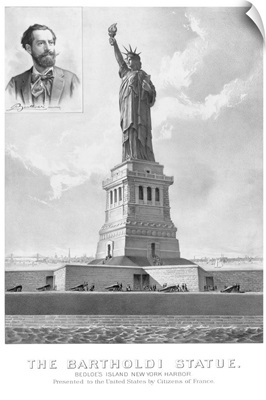 Vintage print showing The Statue of Liberty and a portrait of its sculptor