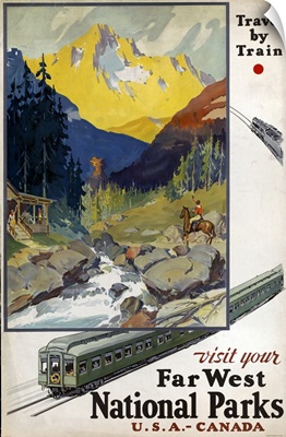 Vintage Travel Poster Advertising Travel By Train To Far West National Parks, 1920