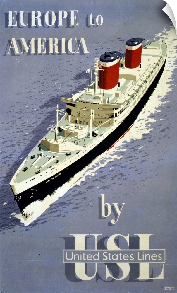 Vintage Travel Poster At Sea, Europe To America By United States Lines, 1955