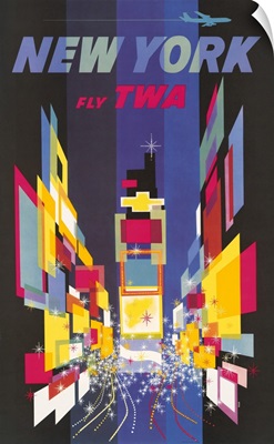 Vintage Travel Poster, Fly TWA, New York, Times Square, 1956