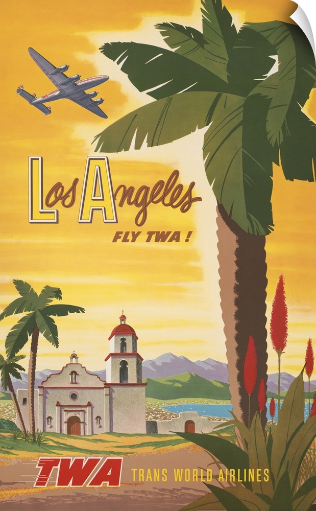 Vintage travel poster, Fly TWA to Los Angeles, shows airplane flying over a Spanish mission church, 1950