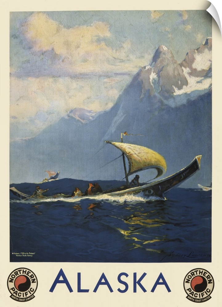 Vintage travel poster for Alaska Northern Pacific, North Coast Limited, of umiaks carrying native Alaskans