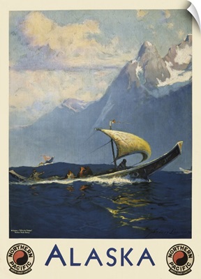 Vintage Travel Poster For Alaska Northern Pacific Of Umiaks Carrying Native Alaskans