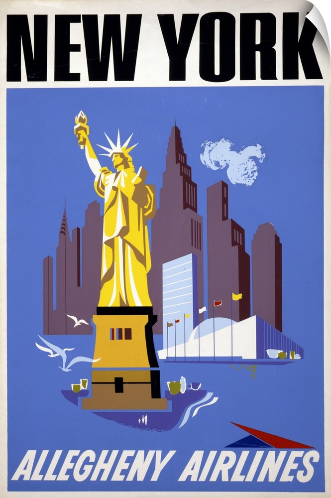 Vintage travel poster for Allegheny Airlines of the Statue of Liberty and the New York City skyline, 1950
