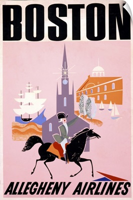 Vintage Travel Poster For Allegheny Airlines To Boston Of Paul Revere On Horseback, 1950