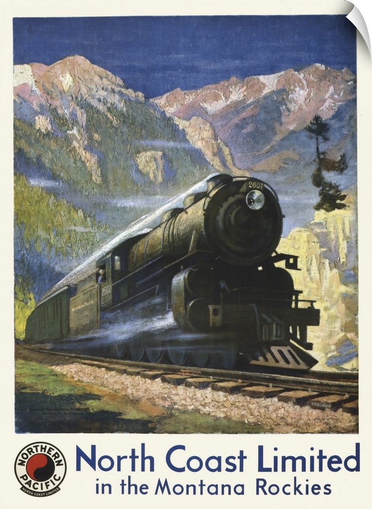 Vintage travel poster for North Coast Limited in the Montana Rockies, of a steam engine in Bozeman Pass