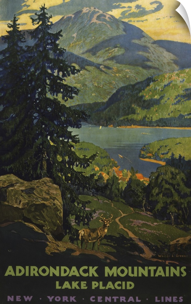 Vintage travel poster for the Adirondack Mountains, of a view of Lake Placid with stag in the foreground, 1920