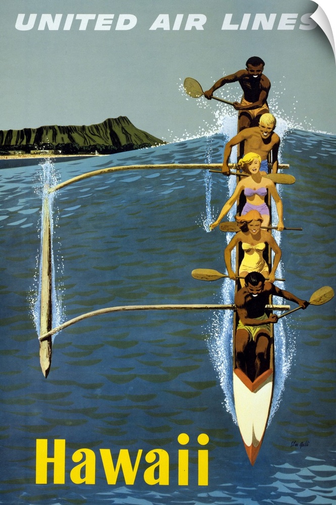 Vintage Travel Poster For United Air Lines Of People Paddling A Canoe In Hawaii, 1960