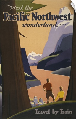 Vintage Travel Poster Of A Couple With Mountains And Redwood Trees, 1925