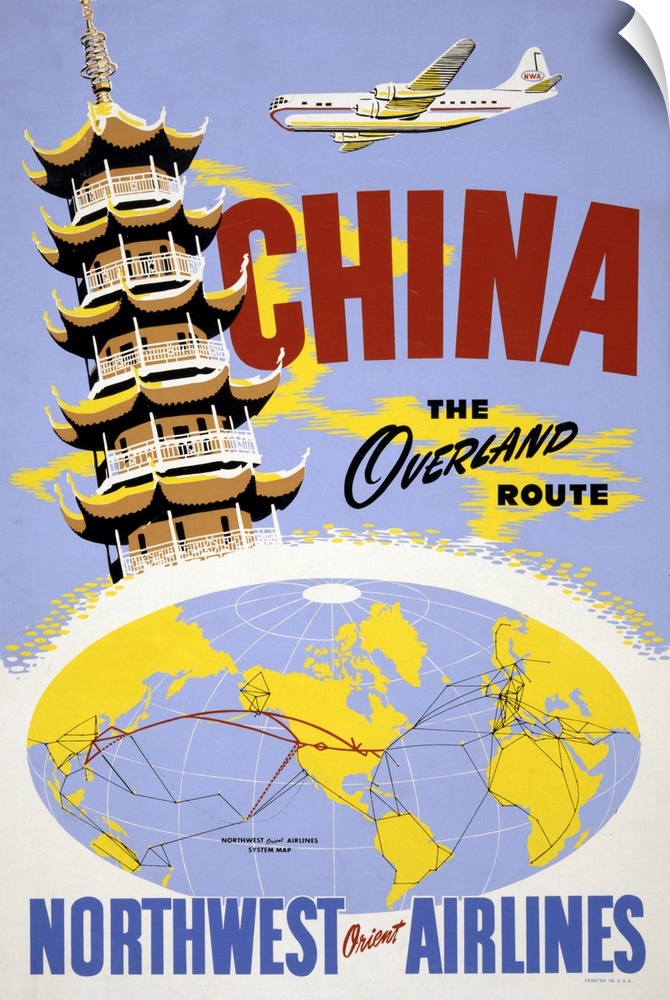 Vintage travel poster of a pagoda and an airplane, above a Northwest Orient Airlines system map, 1950