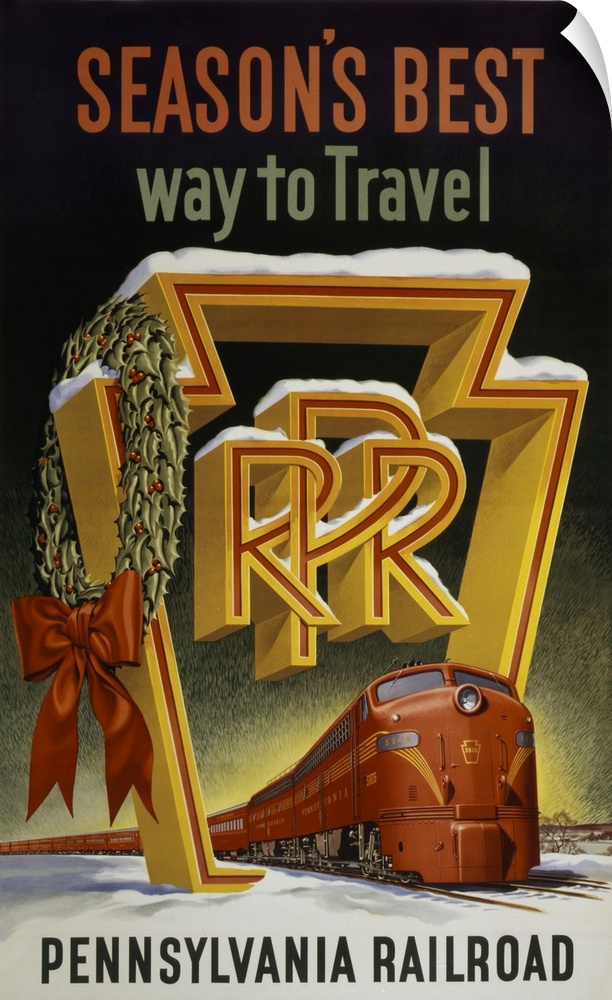 Vintage travel poster of a red train passing through the keystone logo of the Pennsylvania Railroad, 1955