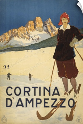 Vintage Travel Poster Of A Woman Posed On Ski Slopes At Cortina d'Ampezzo, 1920