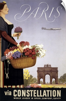 Vintage Travel Poster, Paris Via Constellation, 1950