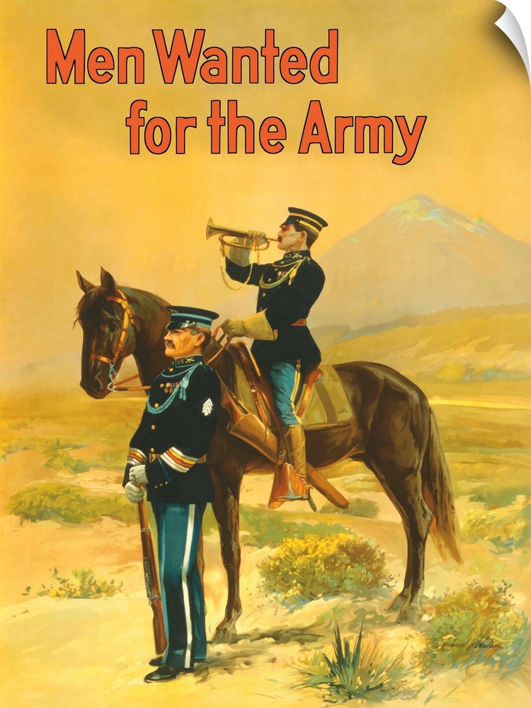 Vintage World War I poster featuring two soldiers, one mounted on a horse blowing a bugle and the other standing with a ri...