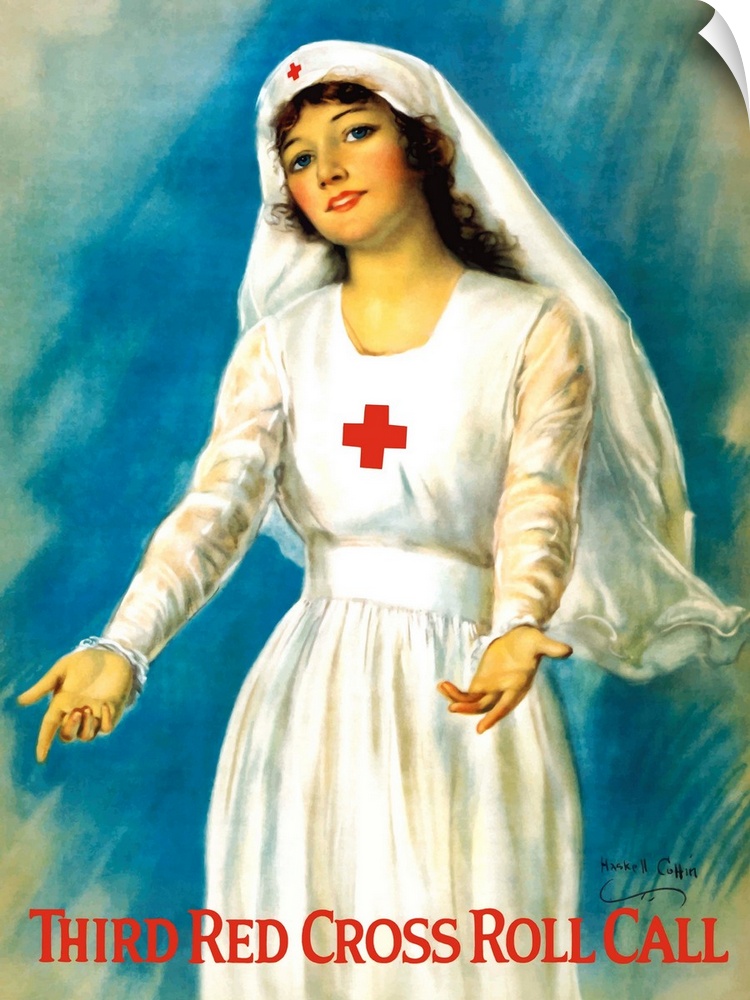 Vintage World War One poster of a Red Cross nurse holding open her arms. It reads, Third Red Cross Roll Call.