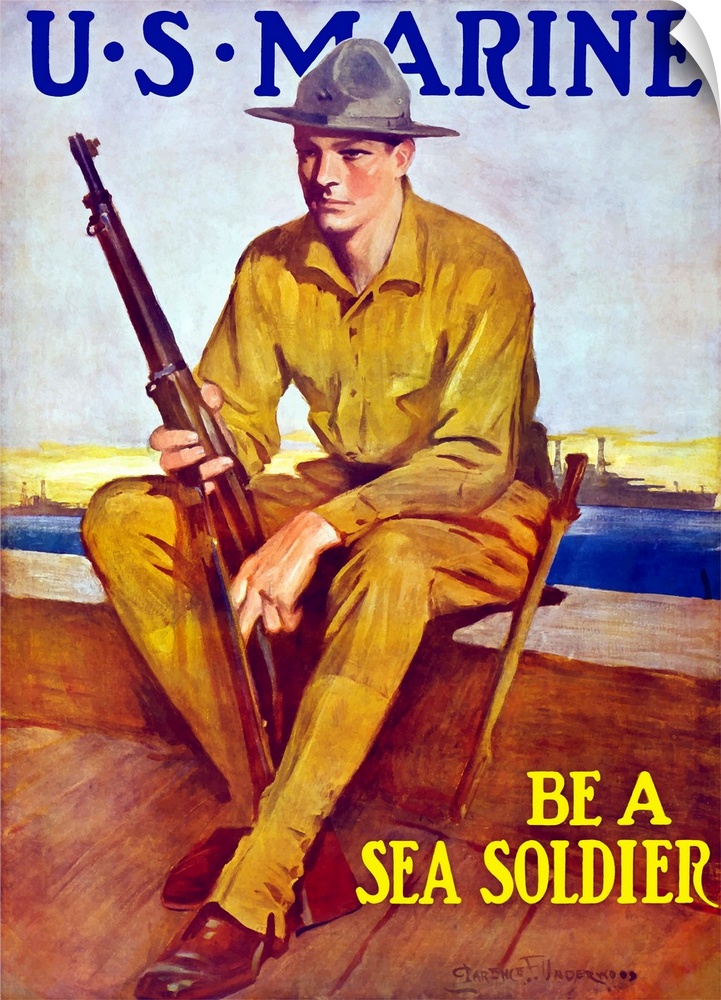 Vintage World War One poster of a U.S. Marine holding his rifle, sitting near the harbor. It reads, U.S. Marine - Be A Sea...