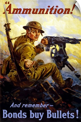 Vintage World War I poster of a U.S. soldier firing a machine gun on a battlefield