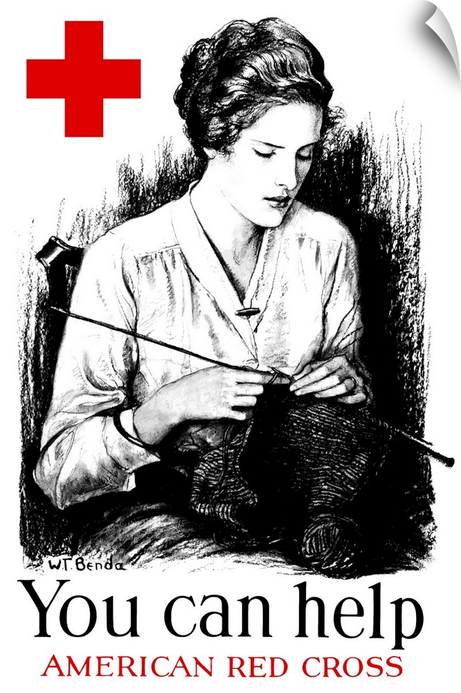 Vintage World War One poster of a young woman knitting and a large red cross. It reads, You can help, American Red Cross.
