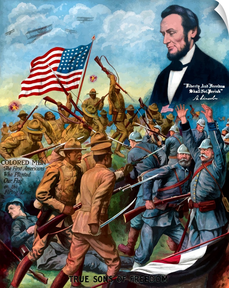 Vintage World War I poster of African American troops in battle during World War I and President Lincoln looking down from...