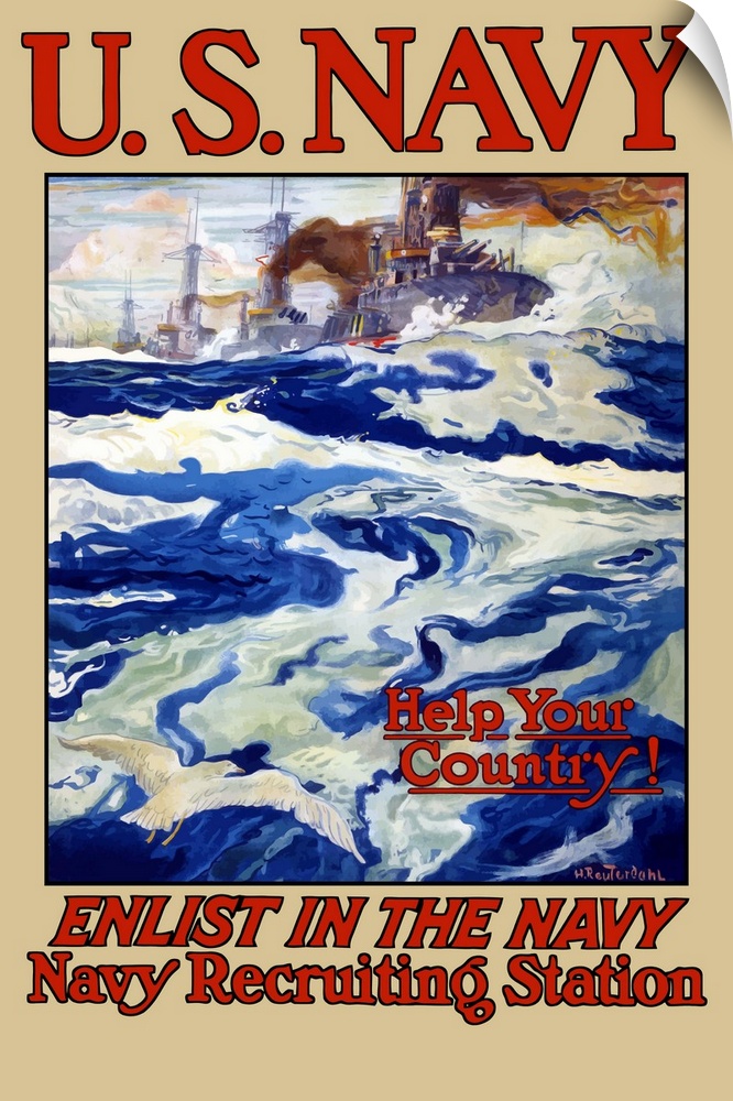 Vintage World War I poster of battleships at sea. It reads, U.S. Navy, Help Your Country! Enlist In The Navy, Navy Recruit...