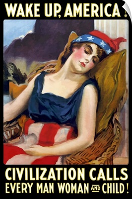 Vintage World War I poster of Lady Liberty sleeping in a chair