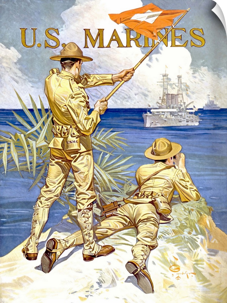 Vintage World War One poster of two marines signaling a ship with a flag. It reads, U.S. Marines.