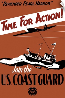 Vintage World War II poster featuring a fighter plane and a ship patrolling the sea