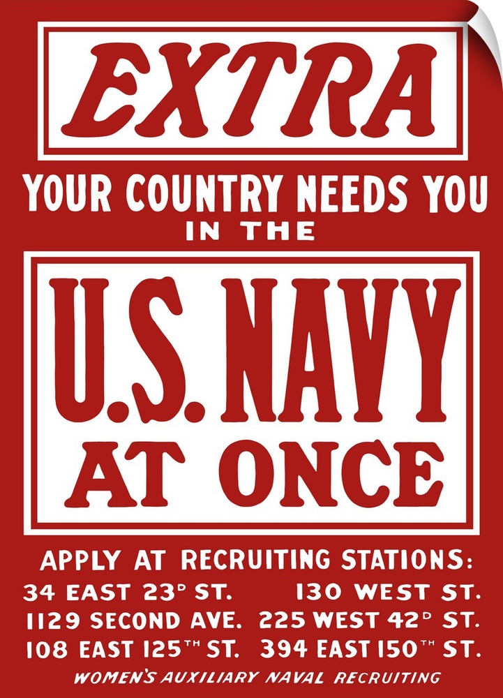 Vintage World War II poster is a plea for Navy recruits. It reads, Extra, Your Country Needs You In The U.S. Navy At Once.