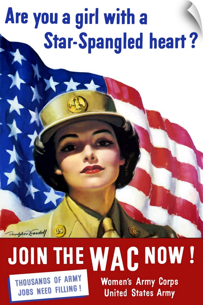 Vintage World War II poster of a member of The Women's Army Corps standing before the American flag. It reads, Are you a g...